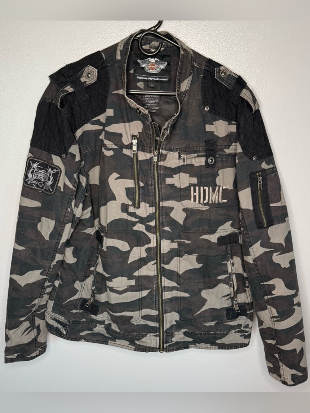 Harley-Davidson Men’s Black/Green Camo Patch Motorcycle Jacket